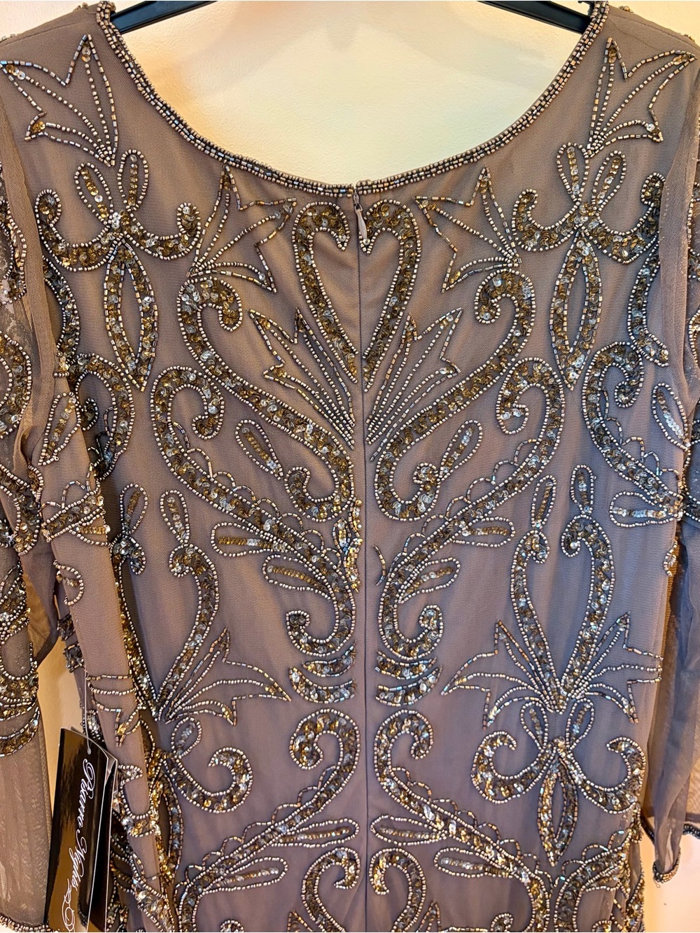 Adrianna Papell Mocha Beaded Sheer Overlay Evening Dress - Picture 9 of 12